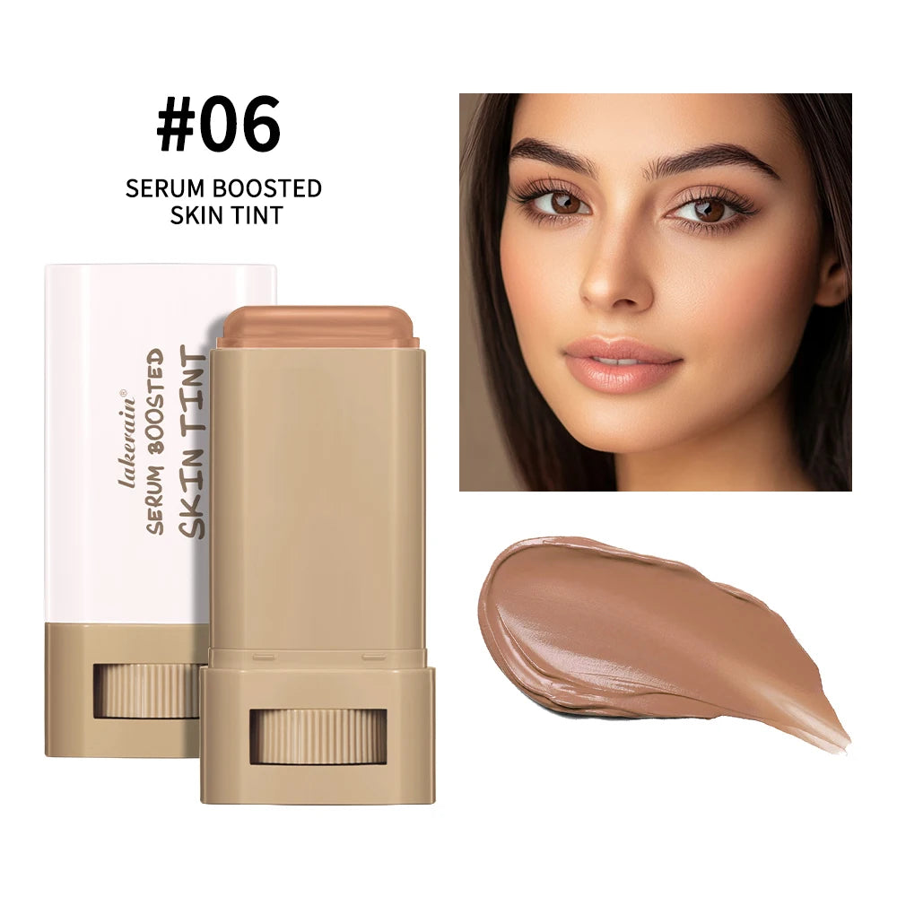 Even Skin Tone Best Stick Foundation Travel Makeup in stick format next to a model's flawless complexion and product swatch.